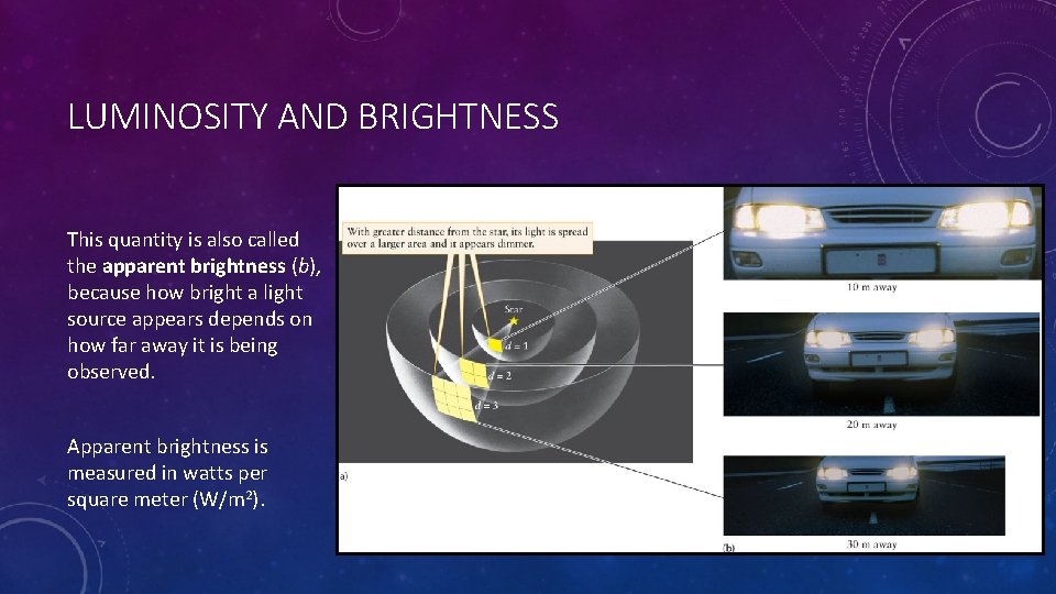 LUMINOSITY AND BRIGHTNESS This quantity is also called the apparent brightness (b), because how