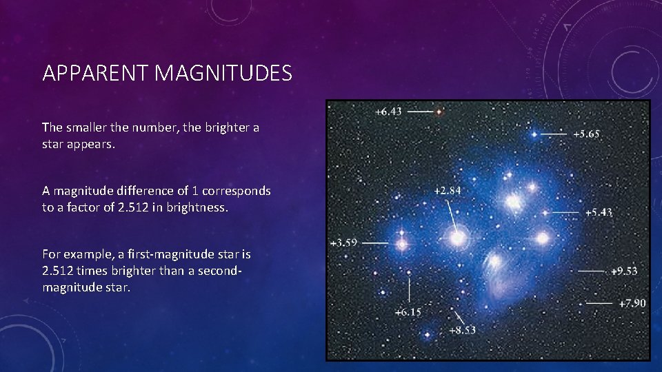 APPARENT MAGNITUDES The smaller the number, the brighter a star appears. A magnitude difference