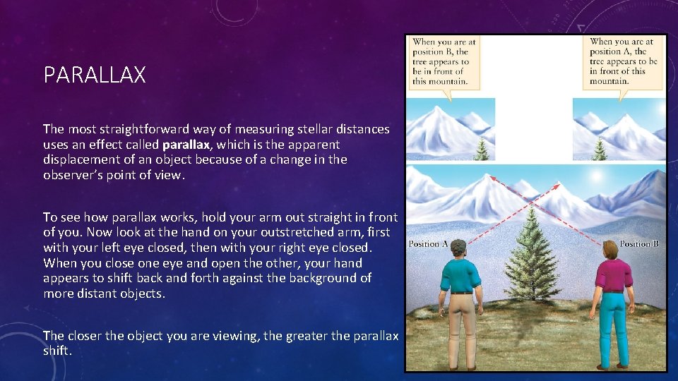 PARALLAX The most straightforward way of measuring stellar distances uses an effect called parallax,