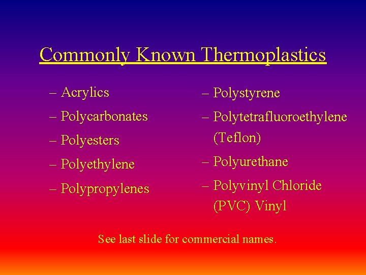 Commonly Known Thermoplastics – Acrylics – Polystyrene – Polycarbonates – Polyesters – Polytetrafluoroethylene (Teflon)