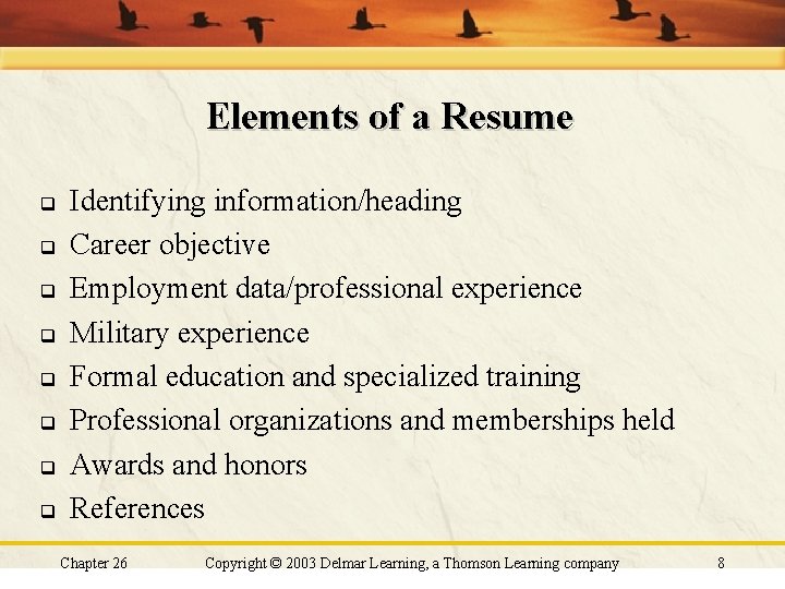 Elements of a Resume q q q q Identifying information/heading Career objective Employment data/professional Elements of a Resume q q q q Identifying information/heading Career objective Employment data/professional