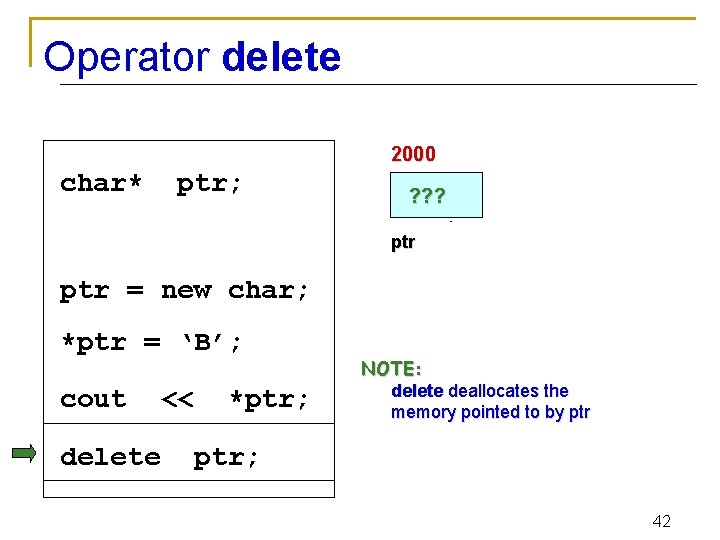 Operator delete 2000 char* ptr; 5000 ? ? ? ptr = new char; *ptr