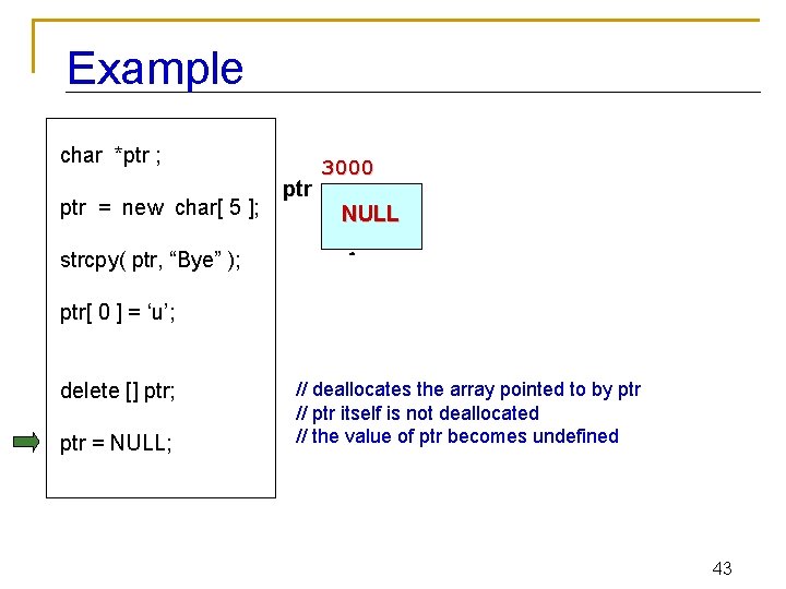 Example char *ptr ; ptr = new char[ 5 ]; ptr 3000 ? ?
