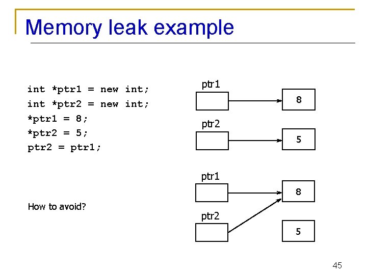 Memory leak example int *ptr 1 = new int; int *ptr 2 = new