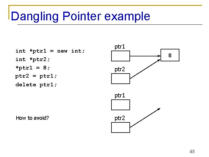 Dangling Pointer example int *ptr 1 = new int; int *ptr 2; *ptr 1