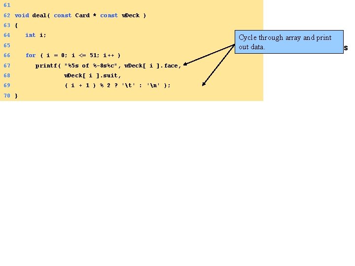 61 62 void deal( const Card * const w. Deck ) 63 { 64