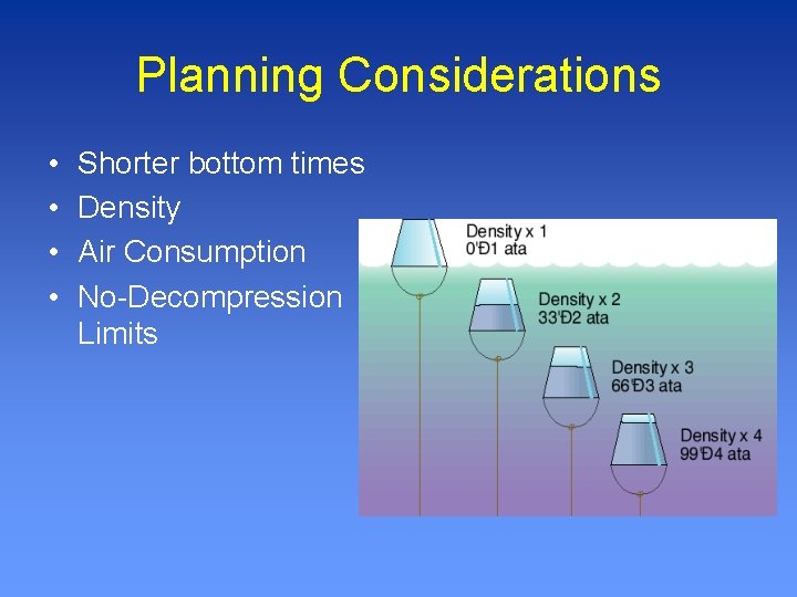 Planning Considerations • • Shorter bottom times Density Air Consumption No-Decompression Limits 
