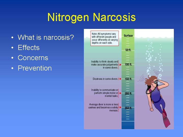 Nitrogen Narcosis • • What is narcosis? Effects Concerns Prevention 