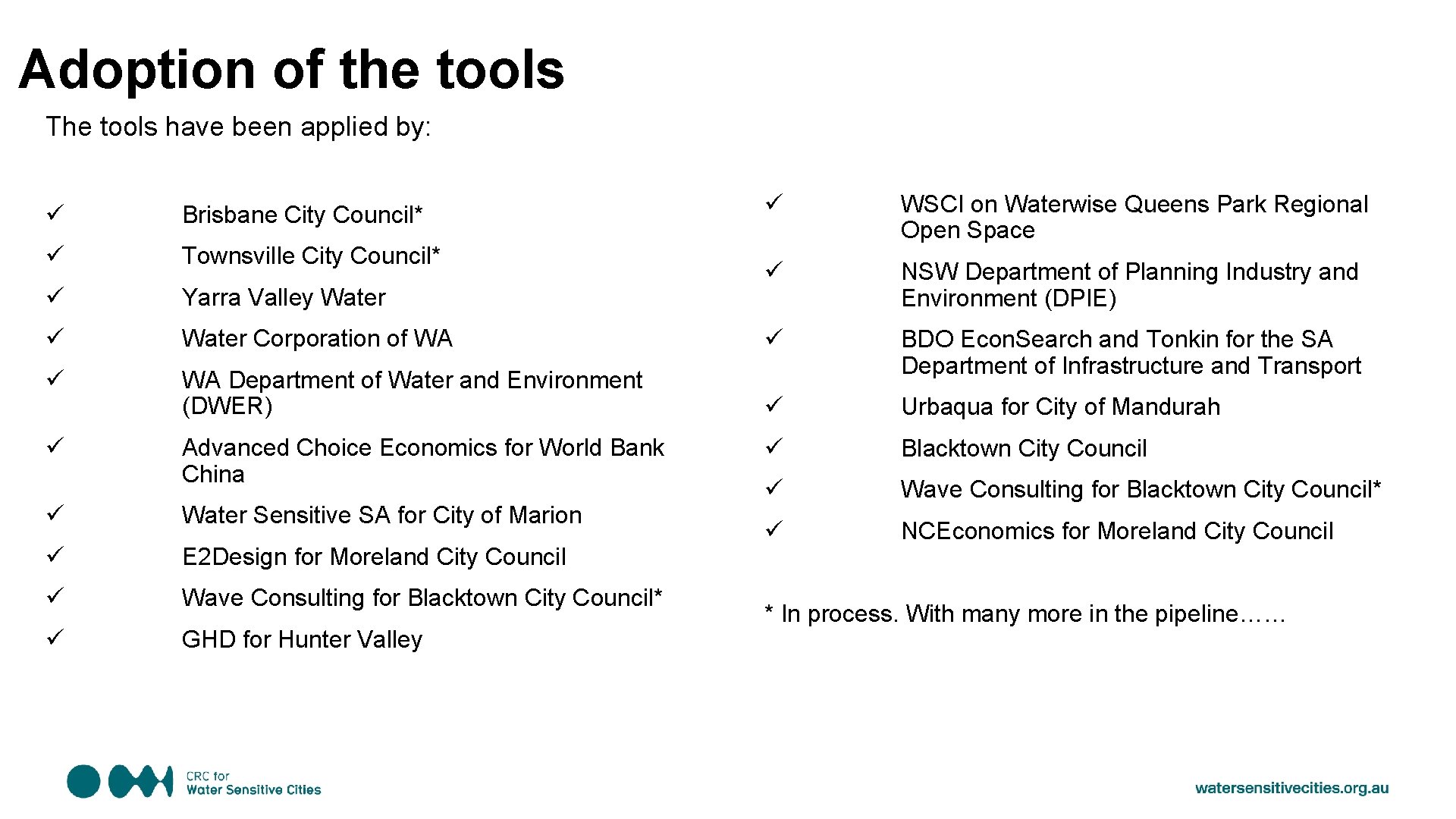 Adoption of the tools The tools have been applied by: ü WSCI on Waterwise