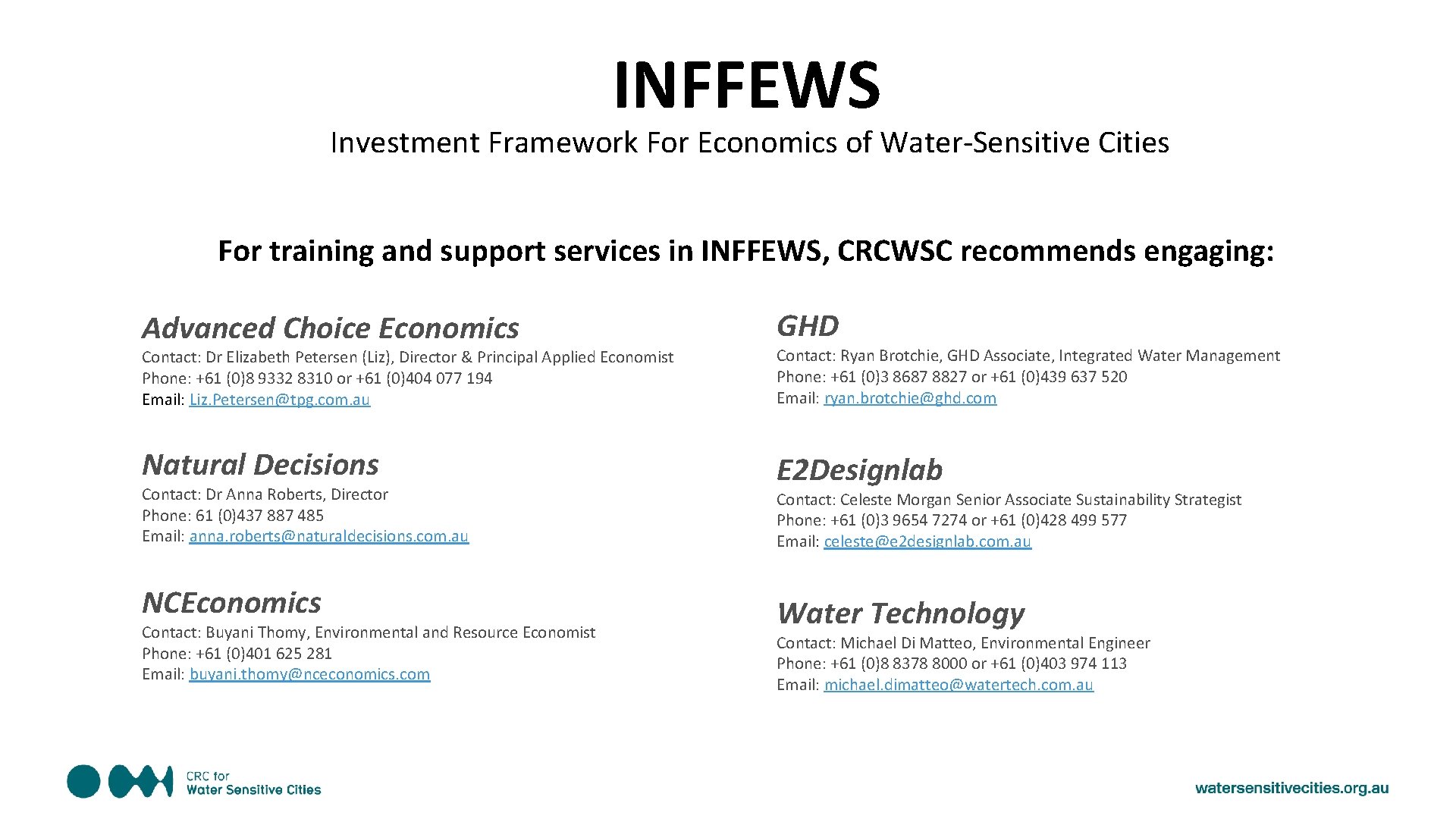 INFFEWS Investment Framework For Economics of Water-Sensitive Cities For training and support services in