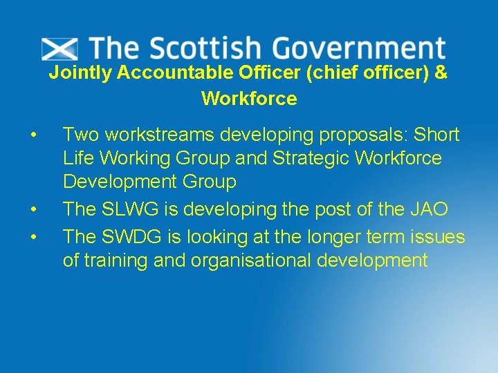 Jointly Accountable Officer (chief officer) & Workforce • • • Two workstreams developing proposals: