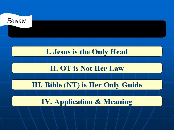 Review I. Jesus is the Only Head II. OT is Not Her Law III.