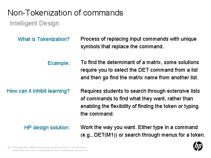 Non-Tokenization of commands Intelligent Design What is Tokenization? Process of replacing input commands with