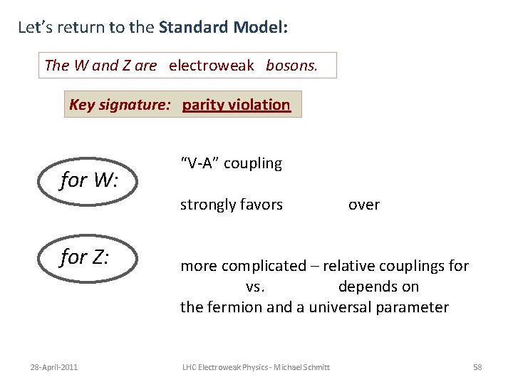Let’s return to the Standard Model: The W and Z are electroweak bosons. Key Let’s return to the Standard Model: The W and Z are electroweak bosons. Key