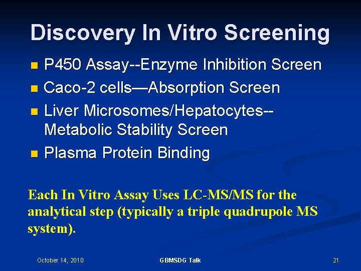 Discovery In Vitro Screening P 450 Assay--Enzyme Inhibition Screen n Caco-2 cells—Absorption Screen n