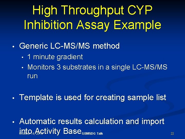 High Throughput CYP Inhibition Assay Example • Generic LC-MS/MS method • • 1 minute