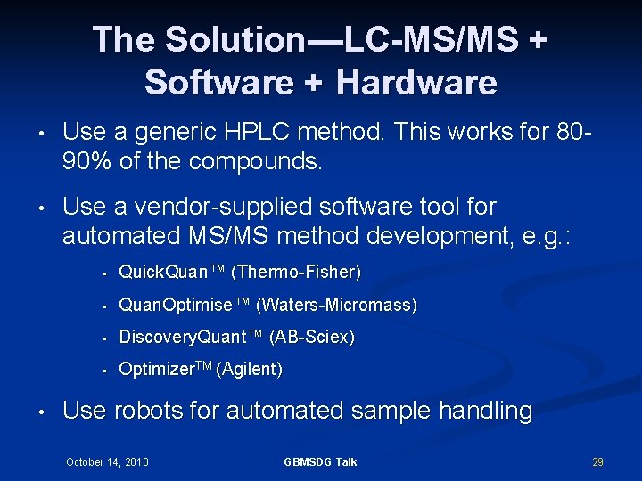 The Solution—LC-MS/MS + Software + Hardware • Use a generic HPLC method. This works
