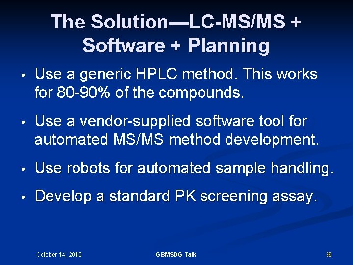 The Solution—LC-MS/MS + Software + Planning • Use a generic HPLC method. This works