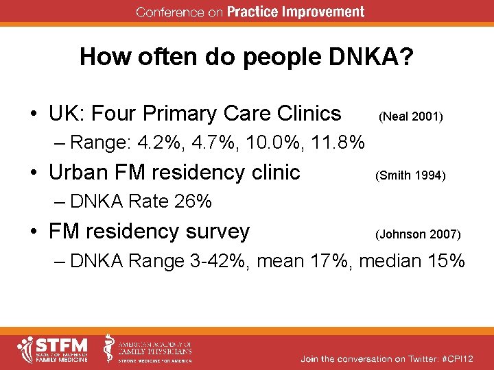 How often do people DNKA? • UK: Four Primary Care Clinics (Neal 2001) –