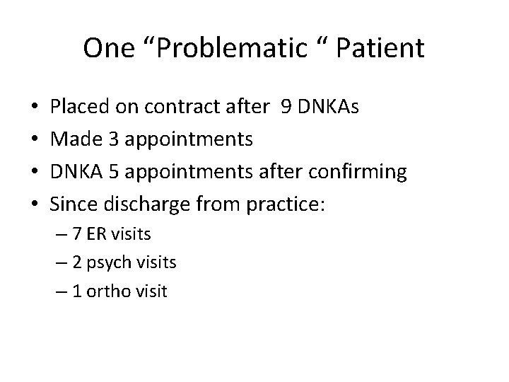 One “Problematic “ Patient • • Placed on contract after 9 DNKAs Made 3