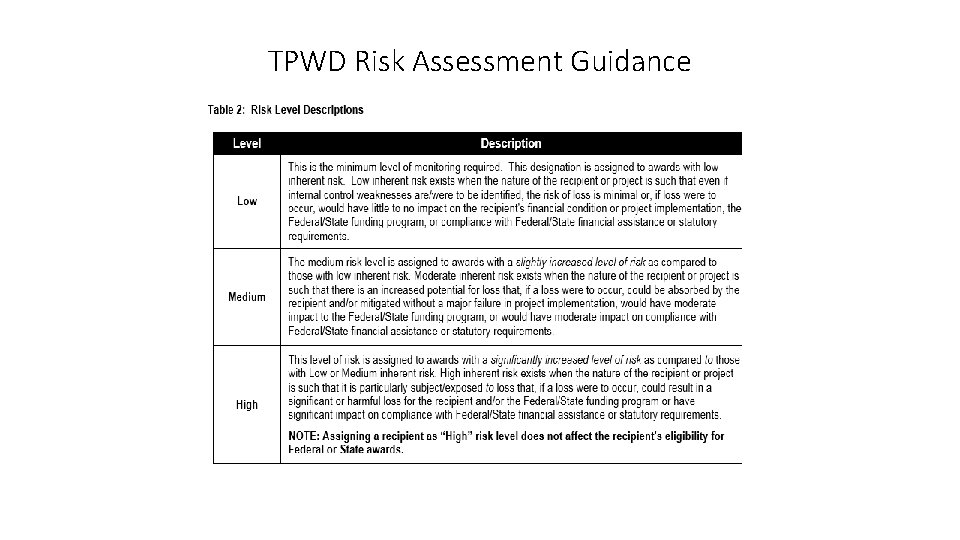 TPWD Risk Assessment Guidance 