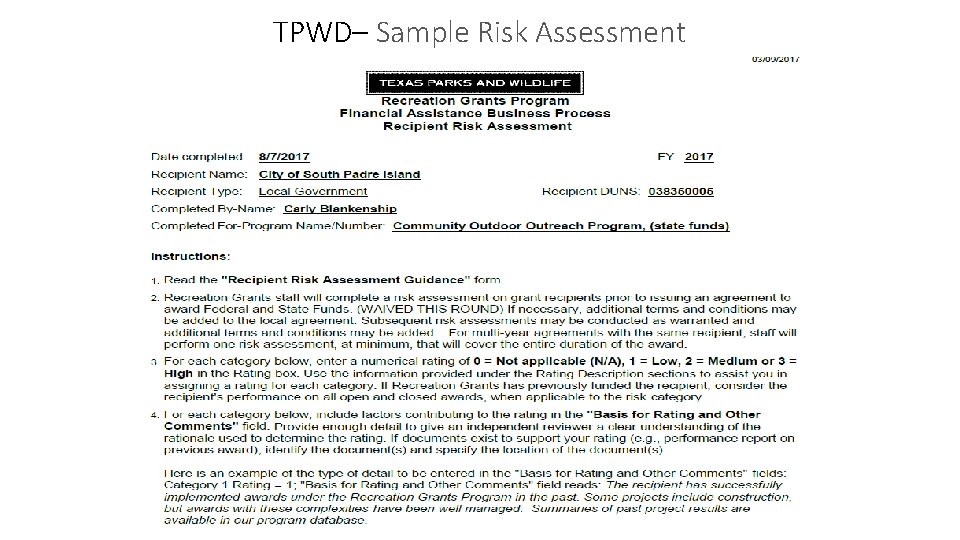 TPWD– Sample Risk Assessment 