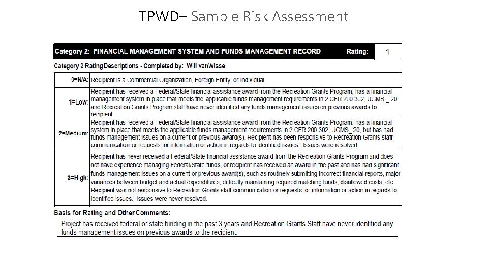 TPWD– Sample Risk Assessment 