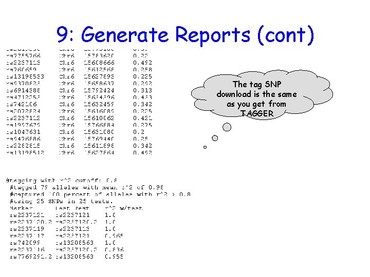 9: Generate Reports (cont) The tag SNP download is the same as you get