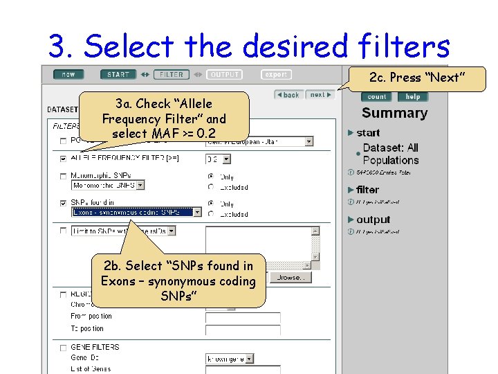 3. Select the desired filters 2 c. Press “Next” 3 a. Check “Allele Frequency