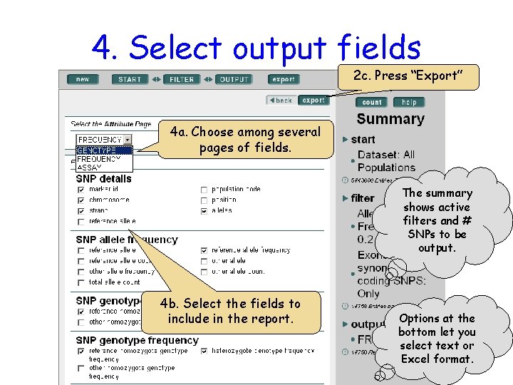 4. Select output fields 2 c. Press “Export” 4 a. Choose among several pages