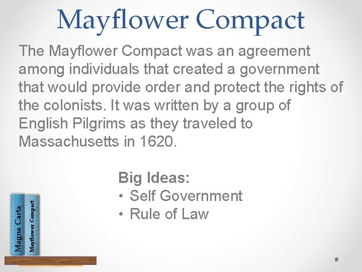 Mayflower Compact Magna Carta The Mayflower Compact was an agreement among individuals that created