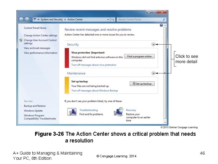 Figure 3 -26 The Action Center shows a critical problem that needs a resolution