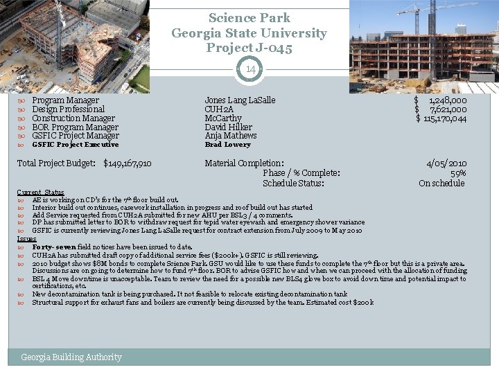 Science Park Georgia State University Project J-045 14 Program Manager Design Professional Construction Manager