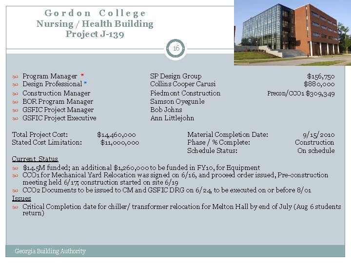 Gordon College Nursing / Health Building Project J-139 16 Program Manager * Design Professional