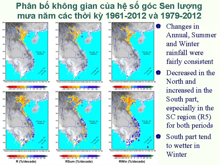 Phân bố không gian của hệ số góc Sen lượng mưa năm các thời