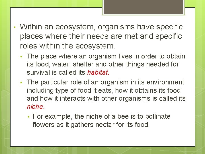  • Within an ecosystem, organisms have specific places where their needs are met