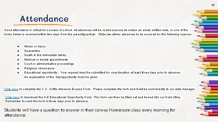 13 Attendance Good attendance is critical for success in school. All absences will be