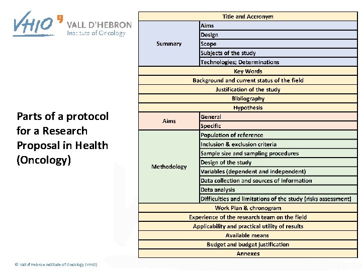 Parts of a protocol for a Research Proposal in Health (Oncology) © Vall d'Hebron