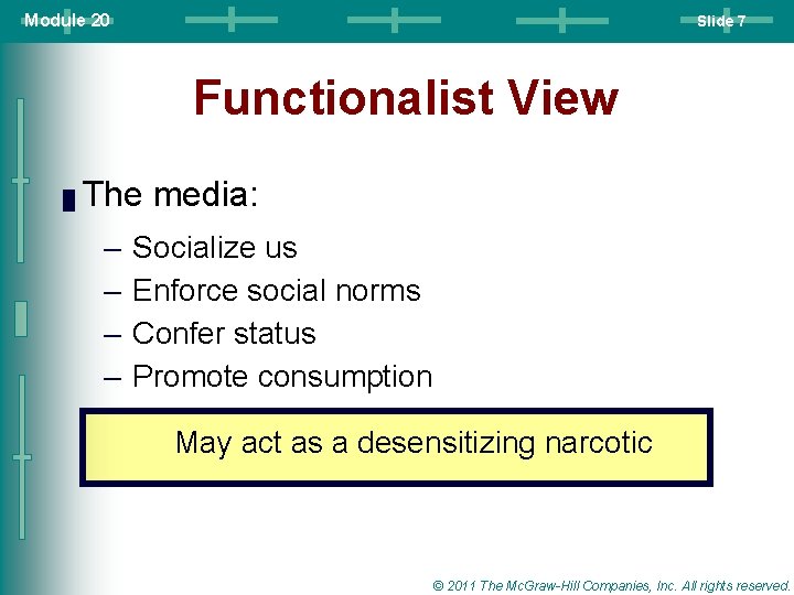 Module 20 Slide 7 Functionalist View █ The media: – – Socialize us Enforce Module 20 Slide 7 Functionalist View █ The media: – – Socialize us Enforce