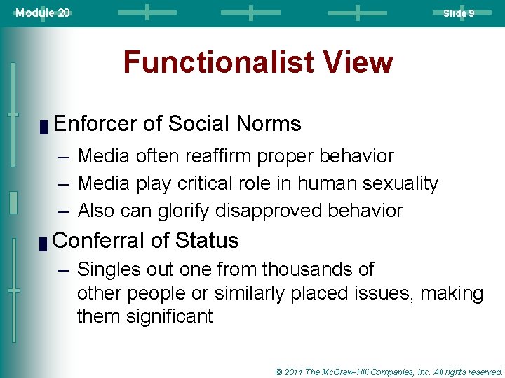 Module 20 Slide 9 Functionalist View █ Enforcer of Social Norms – Media often Module 20 Slide 9 Functionalist View █ Enforcer of Social Norms – Media often