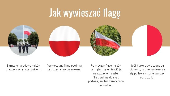 Jak wywieszać flagę Symbole narodowe należy otaczać czcią i szacunkiem. Wywieszana flaga powinna być