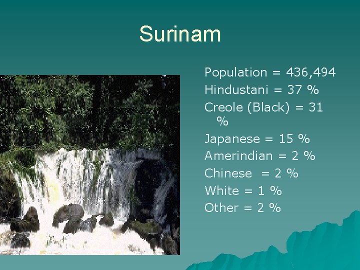 Surinam Population = 436, 494 Hindustani = 37 % Creole (Black) = 31 %