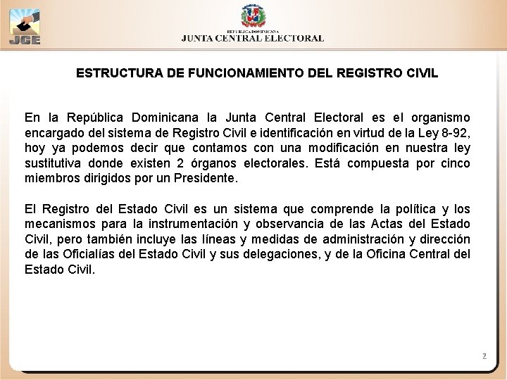 ESTRUCTURA DE FUNCIONAMIENTO DEL REGISTRO CIVIL En la República Dominicana la Junta Central Electoral