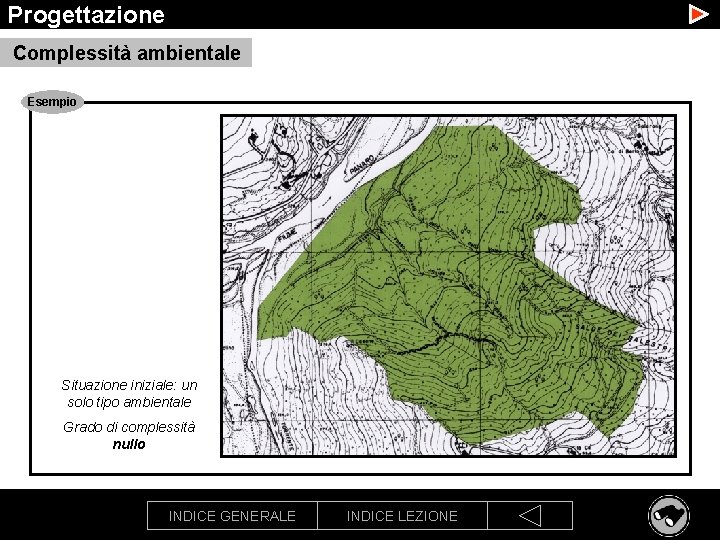 Progettazione Complessità ambientale Esempio Situazione iniziale: un solo tipo ambientale Grado di complessità nullo