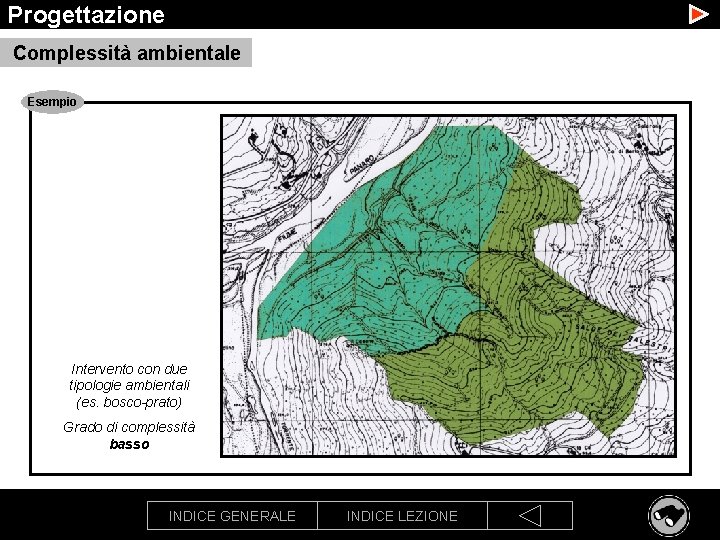 Progettazione Complessità ambientale Esempio Intervento con due tipologie ambientali (es. bosco-prato) Grado di complessità