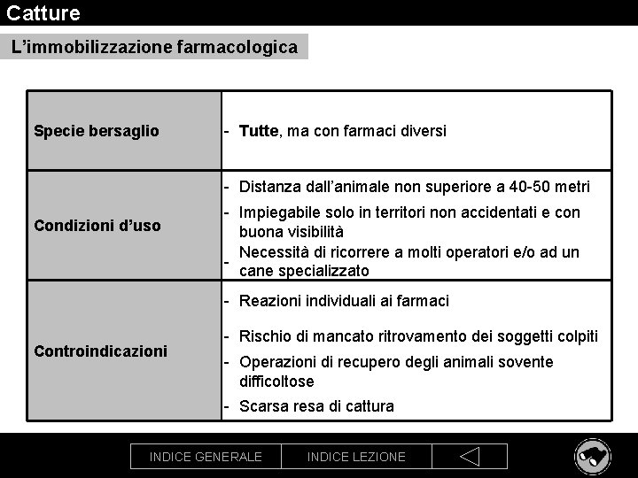 Catture L’immobilizzazione farmacologica Specie bersaglio - Tutte, ma con farmaci diversi - Distanza dall’animale