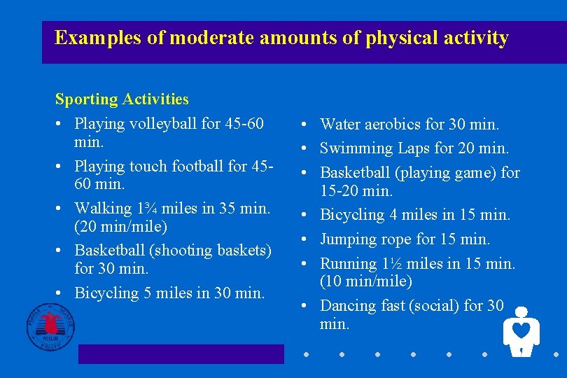 Examples of moderate amounts of physical activity Sporting Activities • Playing volleyball for 45