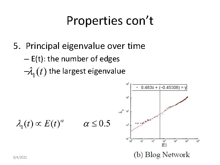 Properties con’t 5. Principal eigenvalue over time – E(t): the number of edges –