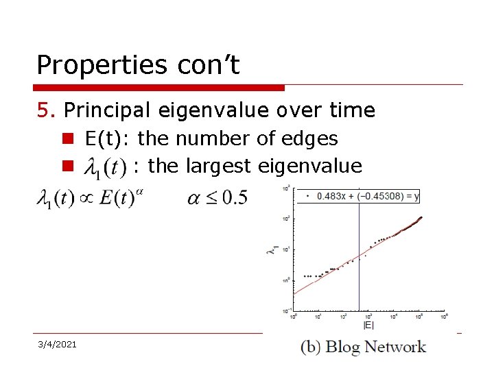 Properties con’t 5. Principal eigenvalue over time n E(t): the number of edges n