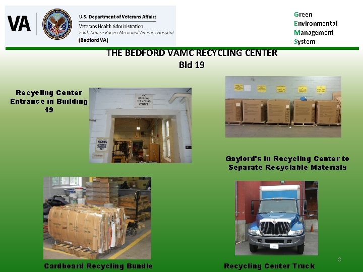 Green Environmental Management System THE BEDFORD VAMC RECYCLING CENTER Bld 19 Recycling Center Entrance